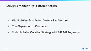 40 | © Copyright 2023 Zilliz
40
Milvus Architecture: Differentiation
1. Cloud Native, Distributed System Architecture
2. True Separation of Concerns
3. Scalable Index Creation Strategy with 512 MB Segments
 