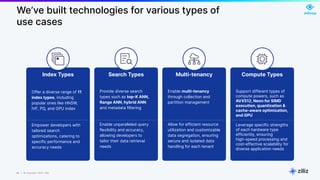 46 | © Copyright 2023 Zilliz
46
We’ve built technologies for various types of
use cases
Compute Types
Support different types of
compute powers, such as
AVX512, Neon for SIMD
execution, quantization &
cache-aware optimization,
and GPU
Leverage specific strengths
of each hardware type
efficiently, ensuring
high-speed processing and
cost-effective scalability for
diverse application needs
Search Types
Provide diverse search
types such as top-K ANN,
Range ANN, hybrid ANN
and metadata filtering
Enable unparalleled query
flexibility and accuracy,
allowing developers to
tailor their data retrieval
needs
Multi-tenancy
Enable multi-tenancy
through collection and
partition management
Allow for efficient resource
utilization and customizable
data segregation, ensuring
secure and isolated data
handling for each tenant
Index Types
Offer a diverse range of 11
index types, including
popular ones like HNSW,
IVF, PQ, and GPU index
Empower developers with
tailored search
optimizations, catering to
specific performance and
accuracy needs
 