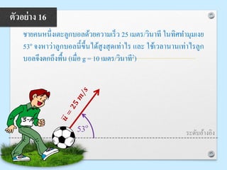 ชายคนหนึ่งเตะลูกบอลด้วยความเร็ว 25 เมตร/วินาที ในทิศทามุมเงย
53o จงหาว่าลูกบอลนี้ขึ้นได้สูงสุดเท่าไร และ ใช้เวลานานเท่าไรลูก
บอลจึงตกถึงพื้น (เมื่อ g = 10 เมตร/วินาที2)
ตัวอย่าง 16
53o
ระดับอ้างอิง
 
