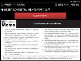한국마케팅교육연구소 www.marketingkorea.org
2) 2단계: 리서치 계획 개발
4장. 마케팅 리서치
2. 마케팅 리서치 프로세스
Questionnaires
◆ RESEARCH INSTRUMENTS 리서치 도구
 