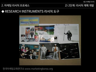 한국마케팅교육연구소 www.marketingkorea.org
2) 2단계: 리서치 계획 개발
4장. 마케팅 리서치
2. 마케팅 리서치 프로세스
◆ RESEARCH INSTRUMENTS 리서치 도구
 