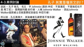 4-1.食物的份量4-3.案例討論 孔子 其實是懂英文的!?
話說 ~ 孔子 姓孔，名丘，字 Johnnie (是的 仲尼，不是湯尼，不是強尼也不
是 馬丁尼 )，是周遊列國 的行者，人稱 Johnnie Walker ，因此Johnnie
Walker這款威士忌就是要紀念這位 仲尼行者!
所以說，孔丘真偉大，其後繼者孔鏘更是不惶多讓!
孔鏘，本名莊永軒，是台灣
著名的電子琴樂師
 