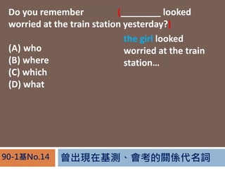 FڻyPS~90-1No.14
Do you remember the girl (________ looked
worried at the train station yesterday?)
(A) who
(B) where
(C) which
(D) what
the girl looked
worried at the train
station
 