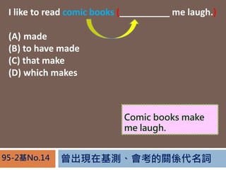 FڻyPS~95-2No.14
I like to read comic books (__________ me laugh.)
(A) made
(B) to have made
(C) that make
(D) which makes
Comic books make
me laugh.
 