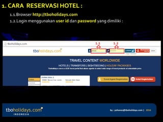1. CARA RESERVASI HOTEL :
1.1.Browser http://tboholidays.com
1.2.Login menggunakan user id dan password yang dimiliki :
1.1 1.2
 