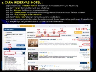 1. CARA RESERVASI HOTEL :
1.13.Isi Prosentase,” Tambahan Markup” dari settingan markup sebelumnya (jika dibutuhkan).
1.14. Sort “ Harga” dari mahal ke murah atau sebaliknya
1.15. Sort “Bintang” dari Bintang 0 ke 5 atau sebaliknya
1.16. Sort “Special promo” Harga spesial diskon tertinggi ke non diskon akan terurut dari atas ke bawah
1.17. Pilih “ Huruf terdepan dari Nama Hotel “
1.18. Ketik “ Nama Hotel” jika ingin mencari langsung ke hotel tertentu
1.19. Harga sesuai dengan jumlah malam dan sudah termasuk dengan biaya markup, pajak,servis & biaya lain-lain
1.20. Klik jika ingin mengirimkan informasi hotel ke customer melalui email
1.131.14 1.15 1.16 1.17
1.18
1.19
1.20
 
