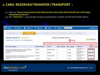 2.9. Warning “ Hanya yang memesan hotel dalam portal ini dan status telah terkonfirmasi untuk dapat
melanjutkan proses ini.”
2.10. Klik “ Book Now “ sesuai dengan transport yang diinginkan. Setelah memilih hotel terlebih dahulu.
2. CARA RESERVASITRANSFER /TRANSPORT :
2.9
2.10
 