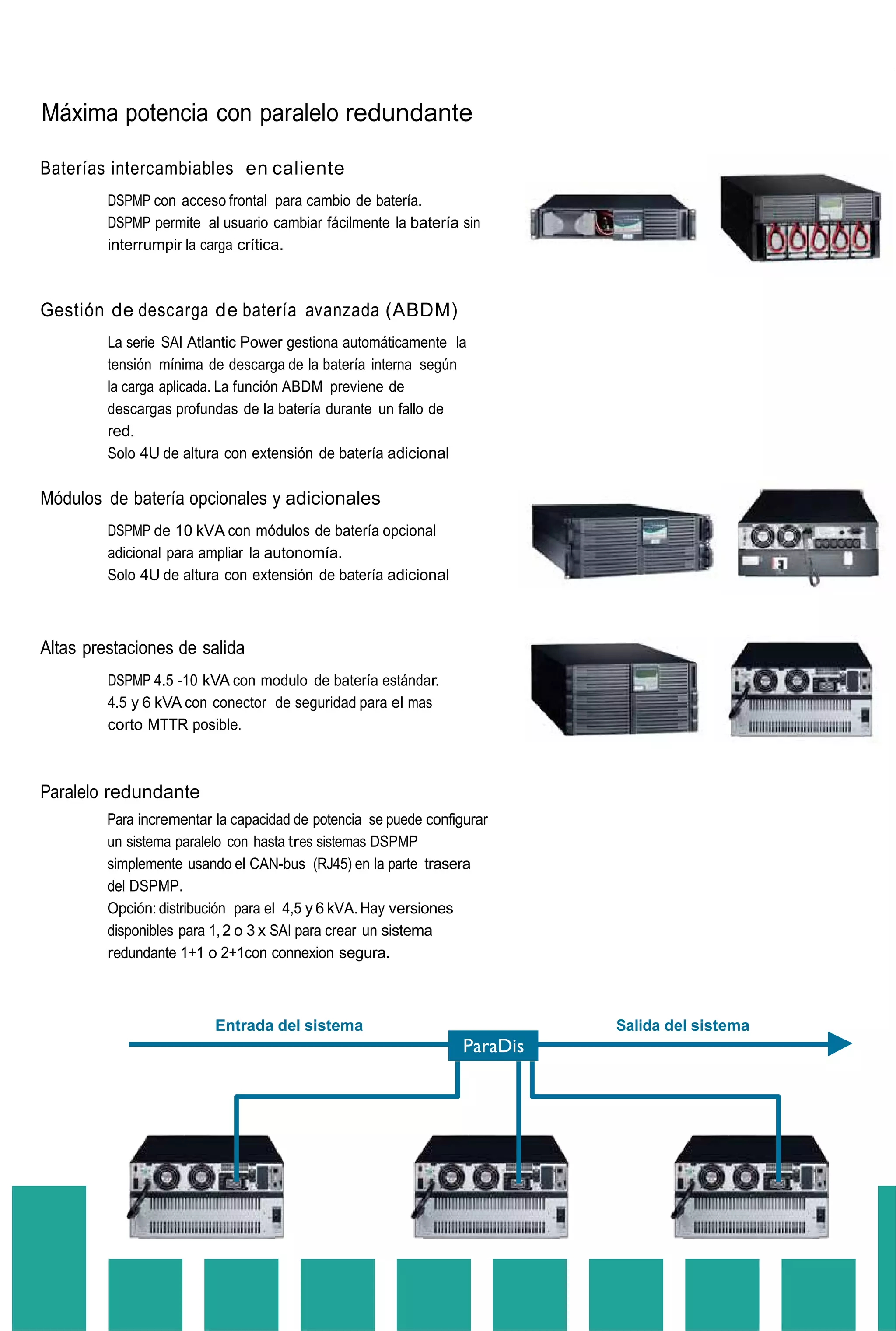 Máxima potencia con paralelo redundante
Baterías intercambiables en caliente
DSPMP con a ccesofrontal para cambio de batería.
DSPMP permite al usuario cambiar fácilmente la batería sin
interrumpir la carga crítica.
Gestión de descarga de batería avanzada (ABDM)
La serie SAI Atlantic Power gestiona automáticamente la
tensión mínima de descarga de la batería interna según
la carga aplicada. La función ABDM previene de
descargas profundas de la batería durante un fallo de
red.
Solo 4U de altura con extensión de batería adicional
Módulos de batería opcionales y adicionales
DSPMP de 10 kVA con módulos de batería opcional
adicional para ampliar la autonomía.
Solo 4U de altura con extensión de batería adicional
Altas prestaciones de salida
DSPMP 4.5 -10 kVA con modulo de batería estándar.
4.5 y 6 kVA con conector de seguridad para el mas
corto MTTR posible.
Paralelo redundante
Para incrementar la capacidad de potencia se puede configurar
un sistema paralelo con hasta tres sistemas DSPMP
simplemente usando el CAN-bus (RJ45) en la parte trasera
del DSPMP.
Opción: distribución para el 4,5 y 6 kVA.Hay versiones
disponibles para 1,2 o 3 x SAI para crear un sistema
redundante 1+1 o 2+1con connexion segura.
Entrada del sistema Salida del sistema
ParaDis
 