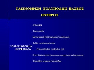 ΤΑΞΙΝΟΜΗΣΗ ΠΟΛΥΠΟΔΩΝ ΠΑΧΕΟΣΤΑΞΙΝΟΜΗΣΗ ΠΟΛΥΠΟΔΩΝ ΠΑΧΕΟΣ
ΕΝΤΕΡΟΥΕΝΤΕΡΟΥ
ΛιπώματαΛιπώματα
ΚαρκινοειδήΚαρκινοειδή
Μεταστατικά Νεοπλάσματα ( μελάνωμα)Μεταστατικά Νεοπλάσματα ( μελάνωμα)
Colitis cystica profundaColitis cystica profunda
ΥΠΟΒΛΕΝΝΟΓΟΝΙΑΥΠΟΒΛΕΝΝΟΓΟΝΙΑ
ΜΟΡΦΩΜΑΤΑΜΟΡΦΩΜΑΤΑ:: Pneumetoides cystoides coliPneumetoides cystoides coli
Σπανιότεροι όγκοι (Σπανιότεροι όγκοι (λειομύωμα, αιμαγγείωμα, ενδομητρίωση)λειομύωμα, αιμαγγείωμα, ενδομητρίωση)
Κακοήθεις λεμφικοί πολύποδεςΚακοήθεις λεμφικοί πολύποδες
 