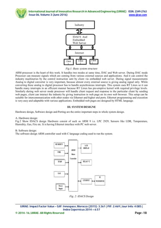 International Journal of Innovative Research in Advanced Engineering (IJIRAE) ISSN: 2349-2763
Issue 06, Volume 3 (June 2016) www.ijirae.com
_________________________________________________________________________________________________
IJIRAE: Impact Factor Value – SJIF: Innospace, Morocco (2015): 3.361 | PIF: 2.469 | Jour Info: 4.085 |
Index Copernicus 2014 = 6.57
© 2014- 16, IJIRAE- All Rights Reserved Page -18
Fig.1: Basic system structure
ARM processor is the heart of this work. It handles two modes at same time, DAC and Web server. During DAC mode
Processor can measure signals which are coming from various external sources and applications. And it can control the
industry machineries by the control instruction sent by client via embedded web server. During signal measurements
Analog to digital converter is very important, because almost every external source is giving analog signal only. While
converting these analog to digital processor has to handle asynchronous interrupts. This system uses RT Linux so it can
handle many interrupts in an efficient manner because RT Linux has pre-emptive kernel with required privilege levels.
Similarly during web server mode processor will handle client request and response to the particular client by sending
web pages, client can interact the industry by giving instruction in web page on its own web browser. This setup can be
suitable for intercommunication with other nodes via Ethernet and higher end ports. Ethernet programming and execution
is very easy and adaptable with various applications. Embedded web pages are designed by HTML language.
III. SYSTEM DESIGNE
Hardware design, Software design and Porting are the entire important steps in whole system design.
A. Hardware design:
Fig.2 Show IDACS design Hardware consist of such as ARM 9 i.e. LPC 2929, Sensors like LDR, Temperature,
Humidity, Gas, Fire etc. It is having Ethernet interface with PC web server.
B. Software design:
The software design ARM controller used with C language coding used to run the system.
Fig. 2: IDACS Design
 