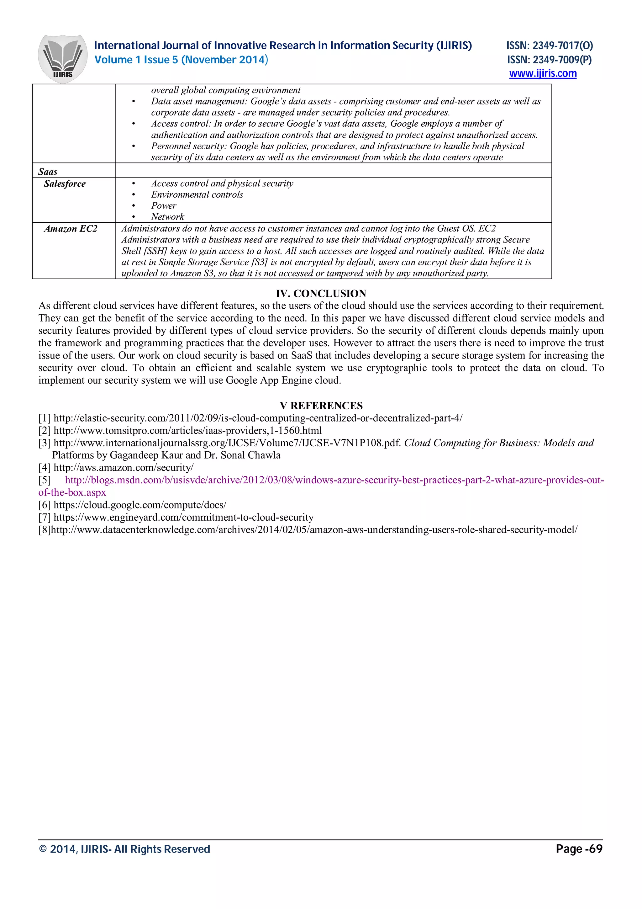 International Journal of Innovative Research in Information Security (IJIRIS) ISSN: 2349-7017(O)
Volume 1 Issue 5 (November 2014) ISSN: 2349-7009(P)
www.ijiris.com
_________________________________________________________________________________________________________
© 2014, IJIRIS- All Rights Reserved Page -69
IV. CONCLUSION
As different cloud services have different features, so the users of the cloud should use the services according to their requirement.
They can get the benefit of the service according to the need. In this paper we have discussed different cloud service models and
security features provided by different types of cloud service providers. So the security of different clouds depends mainly upon
the framework and programming practices that the developer uses. However to attract the users there is need to improve the trust
issue of the users. Our work on cloud security is based on SaaS that includes developing a secure storage system for increasing the
security over cloud. To obtain an efficient and scalable system we use cryptographic tools to protect the data on cloud. To
implement our security system we will use Google App Engine cloud.
V REFERENCES
[1] http://elastic-security.com/2011/02/09/is-cloud-computing-centralized-or-decentralized-part-4/
[2] http://www.tomsitpro.com/articles/iaas-providers,1-1560.html
[3] http://www.internationaljournalssrg.org/IJCSE/Volume7/IJCSE-V7N1P108.pdf. Cloud Computing for Business: Models and
Platforms by Gagandeep Kaur and Dr. Sonal Chawla
[4] http://aws.amazon.com/security/
[5] http://blogs.msdn.com/b/usisvde/archive/2012/03/08/windows-azure-security-best-practices-part-2-what-azure-provides-out-
of-the-box.aspx
[6] https://cloud.google.com/compute/docs/
[7] https://www.engineyard.com/commitment-to-cloud-security
[8]http://www.datacenterknowledge.com/archives/2014/02/05/amazon-aws-understanding-users-role-shared-security-model/
overall global computing environment
• Data asset management: Google’s data assets - comprising customer and end-user assets as well as
corporate data assets - are managed under security policies and procedures.
• Access control: In order to secure Google’s vast data assets, Google employs a number of
authentication and authorization controls that are designed to protect against unauthorized access.
• Personnel security: Google has policies, procedures, and infrastructure to handle both physical
security of its data centers as well as the environment from which the data centers operate
Saas
Salesforce • Access control and physical security
• Environmental controls
• Power
• Network
Amazon EC2 Administrators do not have access to customer instances and cannot log into the Guest OS. EC2
Administrators with a business need are required to use their individual cryptographically strong Secure
Shell [SSH] keys to gain access to a host. All such accesses are logged and routinely audited. While the data
at rest in Simple Storage Service [S3] is not encrypted by default, users can encrypt their data before it is
uploaded to Amazon S3, so that it is not accessed or tampered with by any unauthorized party.
 