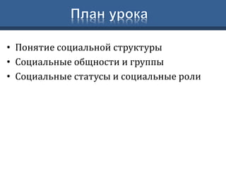 • Понятие социальной структуры
• Социальные общности и группы
• Типология социальных групп
• Социальные статусы и социальные роли
 