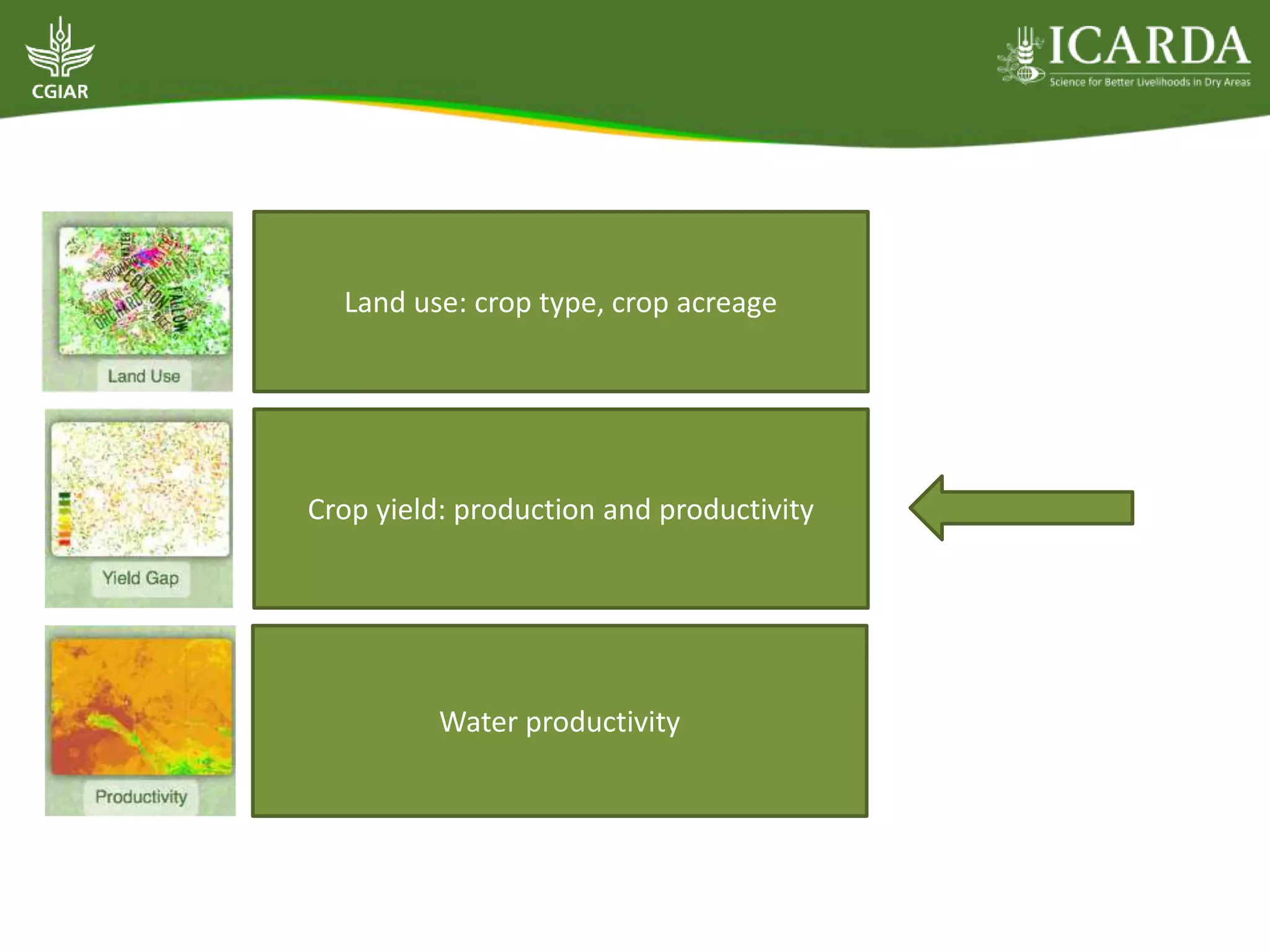 Land use: crop type, crop acreage
Crop yield: production and productivity
Water productivity
 