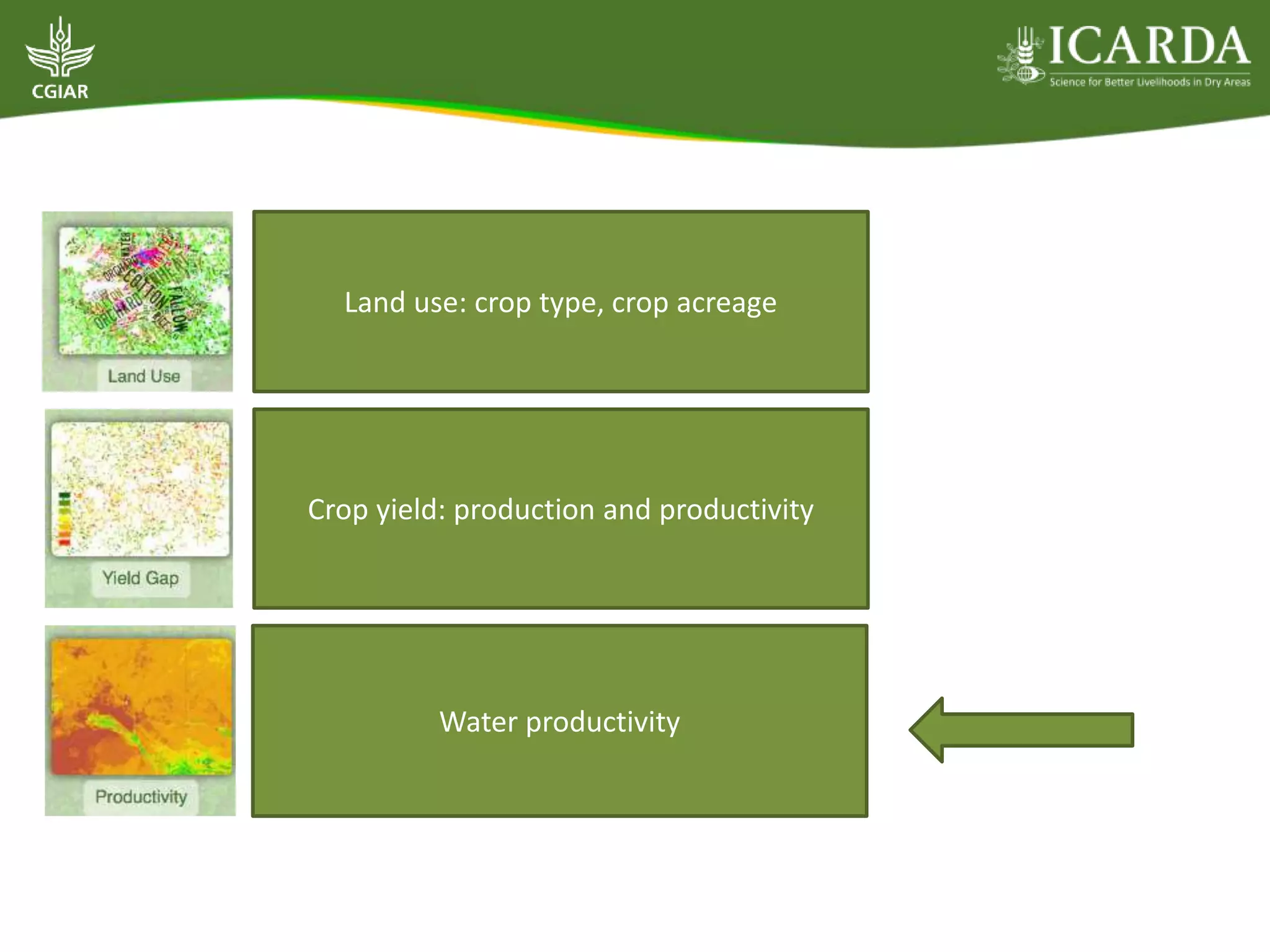 Land use: crop type, crop acreage
Crop yield: production and productivity
Water productivity
 