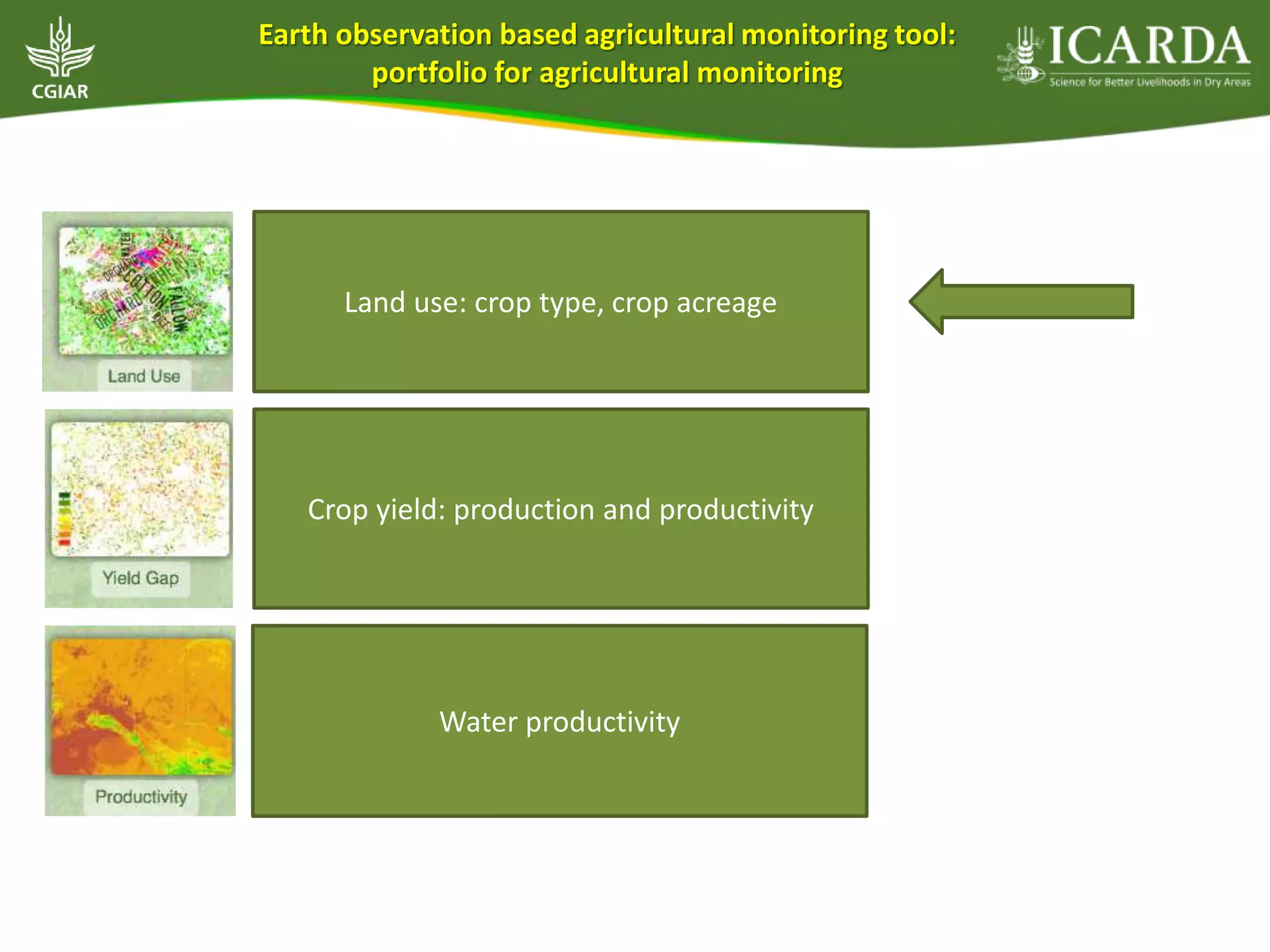Land use: crop type, crop acreage
Crop yield: production and productivity
Water productivity
Earth observation based agricultural monitoring tool:
portfolio for agricultural monitoring
 