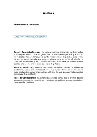 Análisis
Nombre de los Docentes:
CRISTIAN SAMIR VEGA GUZMAN
Paso 1: Conceptualización: En nuestra practica académica se debe incluir
el trabajo en equipo para así garantizar un formación impecable y audaz en
los métodos de enseñanza, otro punto importante de la práctica académica,
es ser siempre innovador en nuestras clases para aumentar el interés de
nuestros estudiantes y no cometer errores como pasaban anteriormente
cuando el docente era el único que tenía la palabra.
Paso 2: Desarrollo: Nuestros estudiantes desarrollan siempre un aprendizaje
colaborativo, gracias a la practicas didácticas que implementamos en nuestras clases
con el objetivo de promover el aprendizaje autónomo de cada alumno en todas nuestras
asignaturas de la institución.
Paso 3: Conclusiones: En conclusión podemos afirmar que la práctica docente
consiste en enseñar con herramientas innovadoras para obtener un mejor resultado en
nuestras aulas de clases.
 