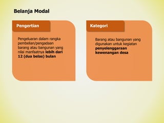 Belanja Modal
Pengeluaran dalam rangka
pembelian/pengadaan
barang atau bangunan yang
nilai manfaatnya lebih dari
12 (dua belas) bulan
Barang atau bangunan yang
digunakan untuk kegiatan
penyelenggaraan
kewenangan desa
Pengertian Kategori
 
