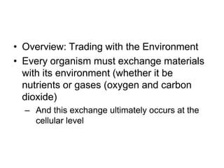 Overview: Trading with the EnvironmentEvery organism must exchange materials with its environment (whether it be nutrients or gases (oxygen and carbon dioxide)And this exchange ultimately occurs at the cellular level