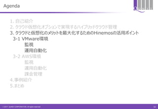 © 2017 QUNIE CORPORATION. All rights reserved.
Agenda
1. 自己紹介
2. クラウド仮想化オプションで実現するハイブリッドクラウド管理
3. クラウドと仮想化のメリットを最大化するためのHinemosの活用ポイント
3-1 VMware環境
監視
運用自動化
3-2 AWS環境
監視
運用自動化
課金管理
4.事例紹介
5.まとめ
16
 