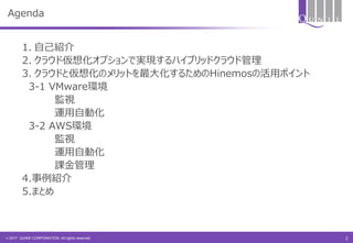 © 2017 QUNIE CORPORATION. All rights reserved.
Agenda
1. 自己紹介
2. クラウド仮想化オプションで実現するハイブリッドクラウド管理
3. クラウドと仮想化のメリットを最大化するためのHinemosの活用ポイント
3-1 VMware環境
監視
運用自動化
3-2 AWS環境
監視
運用自動化
課金管理
4.事例紹介
5.まとめ
2
 