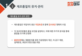 1 2 제조품질의 유지·관리
제조품질 유지·관리 방안
• 제조품질은 작업자의 생산 작업표준과 함께 검사표준 명확히 수립
• 각 검사단위별로 품질 요인을 설정하고, 이에 대한 주기적 분석을 통해
품질을 조기에 안정화
• 불량대책에는 재발방지를 위한 가공방법의 개선, 치·공구 개량,
설계변경, 표준의 변경 등을 포함
 