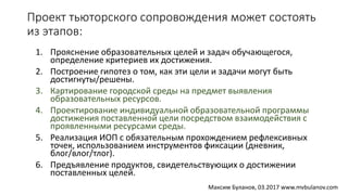 Проект тьюторского сопровождения может состоять
из этапов:
1. Прояснение образовательных целей и задач обучающегося,
определение критериев их достижения.
2. Построение гипотез о том, как эти цели и задачи могут быть
достигнуты/решены.
3. Картирование городской среды на предмет выявления
образовательных ресурсов.
4. Проектирование индивидуальной образовательной программы
достижения поставленной цели посредством взаимодействия с
проявленными ресурсами среды.
5. Реализация ИОП с обязательным прохождением рефлексивных
точек, использованием инструментов фиксации (дневник,
блог/влог/тлог).
6. Предъявление продуктов, свидетельствующих о достижении
поставленных целей.
Максим Буланов, 03.2017 www.mvbulanov.com
 