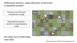 Небольшие проекты: среда обучения, включенная
в городские условия
The Urban Farm of Kfar Saba,
Israel 2012
Культура экологичного
отношения к среде
Переработка мусора +
занятия по окружающему
миру
Максим Буланов, 03.2017 www.mvbulanov.com
 