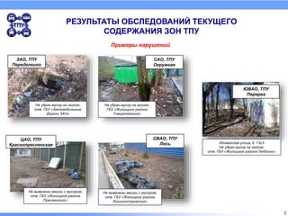 РЕЗУЛЬТАТЫ ОБСЛЕДОВАНИЙ ТЕКУЩЕГО
СОДЕРЖАНИЯ ЗОН ТПУ
Примеры нарушений
ЮВАО, ТПУ
Перерва
Иловайская улица, д. 13с3
Не убран мусор на газоне;
отв. ГБУ «Жилищник района Люблино»
Не убран мусор на газоне;
отв. ГБУ «Автомобильные
Дороги ЗАО»
ЗАО, ТПУ
Переделкино
СВАО, ТПУ
Лось
Не убран мусор на газоне;
ГБУ «Жилищник района
Тимирязевский»
САО, ТПУ
Окружная
Не вывезены мешки с мусором;
отв. ГБУ «Жилищник района
Пресненский»
ЦАО, ТПУ
Краснопресненская
2
Не вывезены мешки с мусором;
отв. ГБУ «Жилищник района
Лосиноостровский»
 