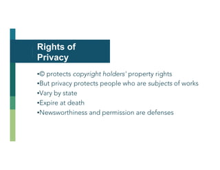 Rights of
Privacy
▪ © protects copyright holders' property rights
▪ But privacy protects people who are subjects of works ...