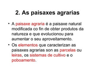 • A paisaxe agraria é a paisaxe natural
modificada co fin de obter produtos da
natureza e que evolucionou para
aumentar o seu aproveitamento.
• Os elementos que caracterizan as
paisaxes agrarias son as parcelas ou
leiras, os sistemas de cultivo e o
poboamento.
2. As paisaxes agrarias
 