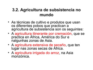 3.2. Agricultura de subsistencia no
mundo
• As técnicas de cultivo e produtos que usan
os diferentes pobos que practican a
agricultura de subsistencia son os seguintes:
• A agricultura itinerante por cremación, que se
practica en África, América do Sur e
nalgunhas zonas de Asia.
• A agricultura extensiva de secaño, que ten
lugar nas zonas secas de África.
• A agricultura irrigada do arroz, na Asia
monzónica.
 