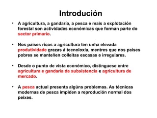 • A agricultura, a gandaría, a pesca e mais a explotación
forestal son actividades económicas que forman parte do
sector primario.
• Nos países ricos a agricultura ten unha elevada
produtividade grazas á tecnoloxía, mentres que nos países
pobres se manteñen colleitas escasas e irregulares.
• Desde o punto de vista económico, distínguese entre
agricultura e gandaría de subsistencia e agricultura de
mercado.
• A pesca actual presenta algúns problemas. As técnicas
modernas de pesca impiden a reprodución normal dos
peixes.
Introdución
 