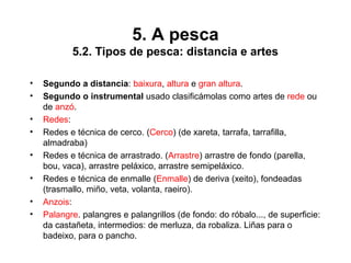 5. A pesca
5.2. Tipos de pesca: distancia e artes
• Segundo a distancia: baixura, altura e gran altura.
• Segundo o instrumental usado clasificámolas como artes de rede ou
de anzó.
• Redes:
• Redes e técnica de cerco. (Cerco) (de xareta, tarrafa, tarrafilla,
almadraba)
• Redes e técnica de arrastrado. (Arrastre) arrastre de fondo (parella,
bou, vaca), arrastre peláxico, arrastre semipeláxico.
• Redes e técnica de enmalle (Enmalle) de deriva (xeito), fondeadas
(trasmallo, miño, veta, volanta, raeiro).
• Anzois:
• Palangre. palangres e palangrillos (de fondo: do róbalo..., de superficie:
da castañeta, intermedios: de merluza, da robaliza. Liñas para o
badeixo, para o pancho.
 