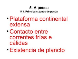 5. A pesca
5.3. Principais zonas de pesca
•Plataforma continental
extensa
•Contacto entre
correntes frías e
cálidas
•Existencia de plancto
 