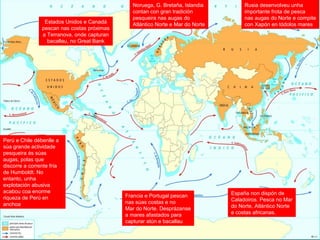 Estados Unidos e Canadá
pescan nas costas próximas
a Terranova, onde capturan
bacallau, no Great Bank
Noruega, G. Bretaña, Islandia
contan con gran tradición
pesqueira nas augas do
Atlántico Norte e Mar do Norte
Rusia desenvolveu unha
importante frota de pesca
nas augas do Norte e compite
con Xapón en tódolos mares
Perú e Chile débenlle a
súa grande actividade
pesqueira ás súas
augas, polas que
discorre a corrente fría
de Humboldt. No
entanto, unha
explotación abusiva
acabou coa enorme
riqueza de Perú en
anchoa
Francia e Portugal pescan
nas súas costas e no
Mar do Norte. Desprázanse
a mares afastados para
capturar atún e bacallau
España non dispón de
Caladoiros. Pesca no Mar
do Norte, Atlántico Norte
e costas africanas.
 