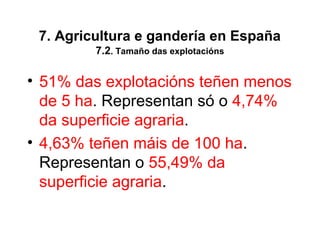 7. Agricultura e gandería en España
7.2. Tamaño das explotacións
• 51% das explotacións teñen menos
de 5 ha. Representan só o 4,74%
da superficie agraria.
• 4,63% teñen máis de 100 ha.
Representan o 55,49% da
superficie agraria.
 