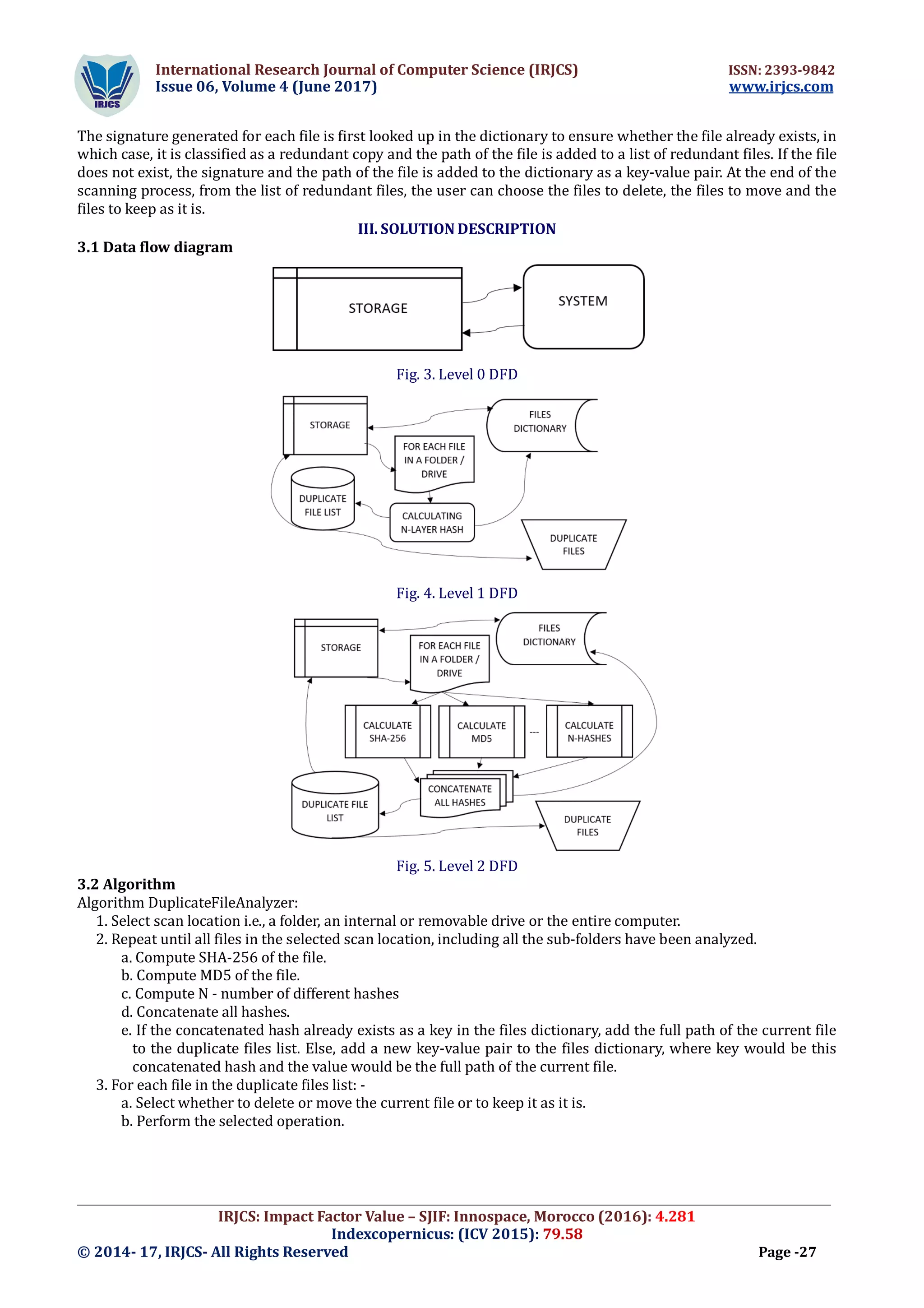International Research Journal of Computer Science (IRJCS) ISSN: 2393-9842
Issue 06, Volume 4 (June 2017) www.irjcs.com
_________________________________________________________________________________________________
IRJCS: Impact Factor Value – SJIF: Innospace, Morocco (2016): 4.281
Indexcopernicus: (ICV 2015): 79.58
© 2014- 17, IRJCS- All Rights Reserved Page -27
The signature generated for each file is first looked up in the dictionary to ensure whether the file already exists, in
which case, it is classified as a redundant copy and the path of the file is added to a list of redundant files. If the file
does not exist, the signature and the path of the file is added to the dictionary as a key-value pair. At the end of the
scanning process, from the list of redundant files, the user can choose the files to delete, the files to move and the
files to keep as it is.
III. SOLUTION DESCRIPTION
3.1 Data flow diagram
Fig. 3. Level 0 DFD
Fig. 4. Level 1 DFD
Fig. 5. Level 2 DFD
3.2 Algorithm
Algorithm DuplicateFileAnalyzer:
1. Select scan location i.e., a folder, an internal or removable drive or the entire computer.
2. Repeat until all files in the selected scan location, including all the sub-folders have been analyzed.
a. Compute SHA-256 of the file.
b. Compute MD5 of the file.
c. Compute N - number of different hashes
d. Concatenate all hashes.
e. If the concatenated hash already exists as a key in the files dictionary, add the full path of the current file
to the duplicate files list. Else, add a new key-value pair to the files dictionary, where key would be this
concatenated hash and the value would be the full path of the current file.
3. For each file in the duplicate files list: -
a. Select whether to delete or move the current file or to keep it as it is.
b. Perform the selected operation.
 