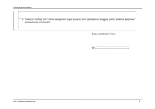 Panduan Supervisi Akademik
@2017, Direktorat Pembinaan SMA 29
d. Gambaran aktifitas siswa dalam mengerjakan tugas dan/atau kelas (kedisiplinan, tanggung jawab, keaktifan, kerjasama,
dominasi siswa tertentu, dll)
Kepala sekolah/Supervisor,
…………………………………………………………………
NIP…………………………………………………………..
 