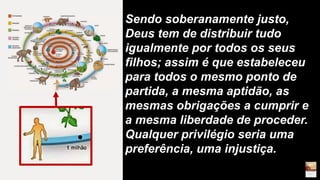 Sendo soberanamente justo,
Deus tem de distribuir tudo
igualmente por todos os seus
filhos; assim é que estabeleceu
para todos o mesmo ponto de
partida, a mesma aptidão, as
mesmas obrigações a cumprir e
a mesma liberdade de proceder.
Qualquer privilégio seria uma
preferência, uma injustiça.
 