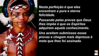 Nesta perfeição é que eles
encontram a pura e eterna
felicidade.
Passando pelas provas que Deus
lhes impõe é que os Espíritos
adquirem aquele conhecimento.
Uns aceitam submissos essas
provas e chegam mais depressa à
meta que lhes foi assinada.
 