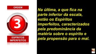 Na última, a que fica na
parte inferior da escala,
estão os Espíritos
imperfeitos, caracterizados
pela predominância da
matéria sobre o espírito e
pela propensão para o mal.ESPÍRITOS
IMPERFEITOS
ORDEM
 