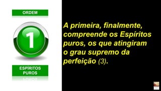 A primeira, finalmente,
compreende os Espíritos
puros, os que atingiram
o grau supremo da
perfeição (3).
ORDEM
ESPÍRITOS
PUROS
 