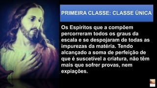 PRIMEIRA CLASSE: CLASSE ÚNICA
Os Espíritos que a compõem
percorreram todos os graus da
escala e se despojaram de todas as
impurezas da matéria. Tendo
alcançado a soma de perfeição de
que é suscetível a criatura, não têm
mais que sofrer provas, nem
expiações.
 