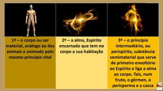 1º – o corpo ou ser
material, análogo ao dos
animais e animado pelo
mesmo princípio vital
2º – a alma, Espírito
encarnado que tem no
corpo a sua habitação
3º – o princípio
intermediário, ou
perispírito, substância
semimaterial que serve
de primeiro envoltório
ao Espírito e liga a alma
ao corpo. Tais, num
fruto, o gérmen, o
perisperma e a casca
 