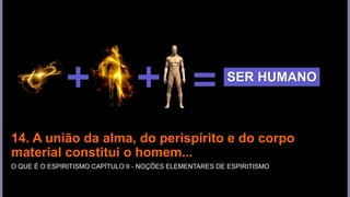 SER HUMANO
14. A união da alma, do perispírito e do corpo
material constitui o homem...
O QUE É O ESPIRITISMO CAPÍTULO II - NOÇÕES ELEMENTARES DE ESPIRITISMO
 