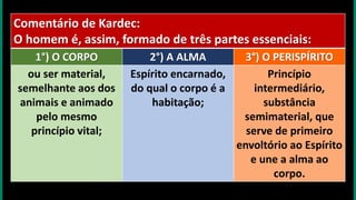 Comentário de Kardec:
O homem é, assim, formado de três partes essenciais:
1°) O CORPO 2°) A ALMA 3°) O PERISPÍRITO
ou ser material,
semelhante aos dos
animais e animado
pelo mesmo
princípio vital;
Espírito encarnado,
do qual o corpo é a
habitação;
Princípio
intermediário,
substância
semimaterial, que
serve de primeiro
envoltório ao Espírito
e une a alma ao
corpo.
 