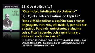 23. Que é o Espírito?
“O princípio inteligente do Universo.”
a) - Qual a natureza íntima do Espírito?
“Não é fácil analisar o Espírito com a vossa
linguagem. Para vós, ele nada é, por não ser
palpável. Para nós, entretanto, é alguma
coisa. Ficai sabendo: coisa nenhuma é o
nada e o nada não existe.”
(6) QUESTÃO 23 - O LIVRO DOS ESPÍRITOS - PARTE PRIMEIRA: DAS
CAUSAS PRIMÁRIAS - CAPÍTULO II: DOS ELEMENTOS GERAIS DO
UNIVERSO - ESPÍRITO E MATÉRIA
 