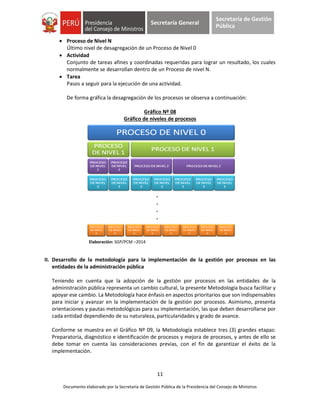 11
Documento elaborado por la Secretaría de Gestión Pública de la Presidencia del Consejo de Ministros
Secretaría General
Secretaría de Gestión
Pública
 Proceso de Nivel N
Último nivel de desagregación de un Proceso de Nivel 0
 Actividad
Conjunto de tareas afines y coordinadas requeridas para lograr un resultado, los cuales
normalmente se desarrollan dentro de un Proceso de nivel N.
 Tarea
Pasos a seguir para la ejecución de una actividad.
De forma gráfica la desagregación de los procesos se observa a continuación:
Gráfico Nº 08
Gráfico de niveles de procesos
Elaboración: SGP/PCM –2014
II. Desarrollo de la metodología para la implementación de la gestión por procesos en las
entidades de la administración pública
Teniendo en cuenta que la adopción de la gestión por procesos en las entidades de la
administración pública representa un cambio cultural, la presente Metodología busca facilitar y
apoyar ese cambio. La Metodología hace énfasis en aspectos prioritarios que son indispensables
para iniciar y avanzar en la implementación de la gestión por procesos. Asimismo, presenta
orientaciones y pautas metodológicas para su implementación, las que deben desarrollarse por
cada entidad dependiendo de su naturaleza, particularidades y grado de avance.
Conforme se muestra en el Gráfico Nº 09, la Metodología establece tres (3) grandes etapas:
Preparatoria, diagnóstico e identificación de procesos y mejora de procesos, y antes de ello se
debe tomar en cuenta las consideraciones previas, con el fin de garantizar el éxito de la
implementación.
 