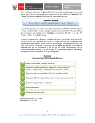 34
Documento elaborado por la Secretaría de Gestión Pública de la Presidencia del Consejo de Ministros
Secretaría General
Secretaría de Gestión
Pública
No es suficiente con tener un buen Mapa de Procesos y Manuales coherentes para
asumir que tenemos una buena gestión por procesos, si la entidad no se “preocupa” por
conocer sus resultados y buscar su mejora de manera permanente.
Es necesario analizar cada proceso con el fin dedeterminar la brecha existente entre lo
real y lo planificado. Para analizar cada proceso debemos partir de los datos que éste va
generando, para ello empleamos los indicadores previamente definidos en la Ficha del
Proceso y Fichas de Procedimientos.
Un proceso puede tener más de un indicador, siempre y cuando aporten información
relevante sobre los resultados del mismo. Es importante que los indicadores sean
debidamente seleccionados. Tener exceso de indicadores o indicadores que no aporten
valor, sólo dificulta la gestión. Es importante que el dueño del proceso participe en la
determinación de sus indicadores, a fin de que se sienta comprometido con el
cumplimiento de los mismos. Los pasos a seguir en la determinación de los indicadores
de un proceso son los señalados en el siguiente gráfico:
Gráfico 17
Pasos para la identificación de indicadores
Adaptado de Armijo (2011) y IAT (2009).
Elaboración: SGP/PCM - 2014
1.
•Identificar claramente el objetivo del proceso.
2.
•Determinar lo que se quiere medir, teniendo en cuenta el objetivo del
proceso y sus dimensiones: eficacia, eficiencia, economía y calidad.
3.
•Determinar la forma de calcularlo y definir el nombre del indicador.
4.
•Establecer las fuentes de procedencia de los datos y medios de verificación.
5.
•Determinar la periodicidad del indicador.
6.
•Establecer las metas.
7.
•Describir el indicador (Ficha).
“Medir para gestionar”
Si no se miden los resultados no podrá distinguirse el éxito o el fracaso.
 