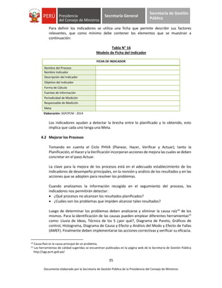 35
Documento elaborado por la Secretaría de Gestión Pública de la Presidencia del Consejo de Ministros
Secretaría General
Secretaría de Gestión
Pública
Para definir los indicadores se utiliza una ficha que permite describir sus factores
relevantes, que como mínimo debe contener los elementos que se muestran a
continuación:
Tabla N° 16
Modelo de Ficha del Indicador
Elaboración: SGP/PCM - 2014
Los indicadores ayudan a detectar la brecha entre lo planificado y lo obtenido, esto
implica que cada uno tenga una Meta.
4.2 Mejorar los Procesos
Tomando en cuenta el Ciclo PHVA (Planear, Hacer, Verificar y Actuar), tanto la
Planificación, el Hacer y la Verificación incorporan acciones de mejora las cuales se deben
concretar en el paso Actuar.
La clave para la mejora de los procesos está en el adecuado establecimiento de los
indicadores de desempeño principales, en la revisión y análisis de los resultados y en las
acciones que se adopten para resolver los problemas.
Cuando analizamos la información recogida en el seguimiento del proceso, los
indicadores nos permitirán detectar:
 ¿Qué procesos no alcanzan los resultados planificados?
 ¿Cuáles son los problemas que impiden alcanzar tales resultados?
Luego de determinar los problemas deben analizarse y eliminar la causa raíz14
de los
mismos. Para la identificación de las causas pueden emplear diferentes herramientas15
como: Lluvia de Ideas, Técnica de los 5 ¿por qué?, Diagrama de Pareto, Gráficos de
control, Histograma, Diagrama de Causa y Efecto y Análisis del Modo y Efecto de Fallas
(AMEF). Finalmente deben implementarse las acciones correctivas y verificar su eficacia.
14 Causa Raíz es la causa principal de un problema.
15 Las herramientas de calidad sugeridas se encuentran publicadas en la página web de la Secretaría de Gestión Pública
http://sgp.pcm.gob.pe/
FICHA DE INDICADOR
Nombre del Proceso
Nombre Indicador
Descripción del Indicador
Objetivo del Indicador
Forma de Cálculo
Fuentes de Información
Periodicidad de Medición
Responsable de Medición
Meta
 